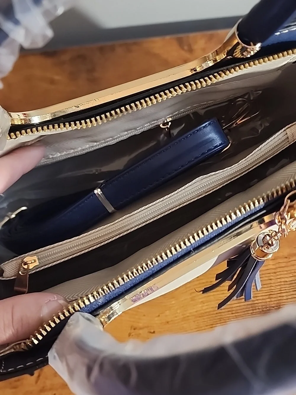 Blue 3pcs Set Women's Handbag With Elegant Geometric Print,Faux Leather material